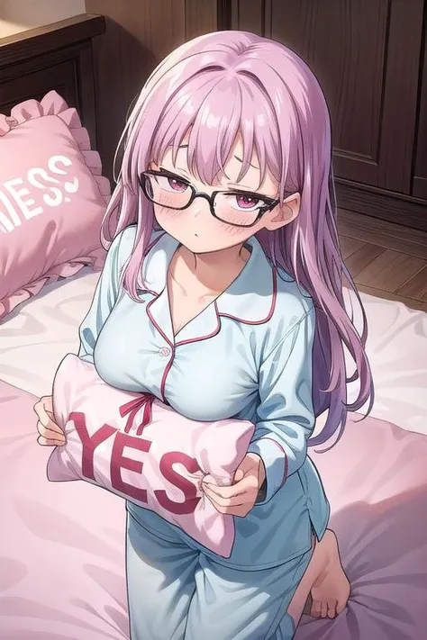 masterpiece, best quality,ultra detail, <lora:anmnr01:0.3> <lora:add_detail:0.5>,<lora:GoodHands-vanilla:0.8>,glasses,normal breasts,1girl,blush,embarrassing<lora:pillow_v2:0.7>,bedroom,pajamas,holding pillow,yes-pillow, <lora:sensualface_type1:1>,looking up viewer