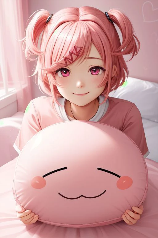 Natsuki, doki doki literature club, shiny smile, Pillow, cuddling pillow, 1 girl, pink hair, face focus, fancy details, heart particles, high-detailed eyes, hair ornament, x hair ornament, pink eyes, sly smile, heart-shaped pillow,