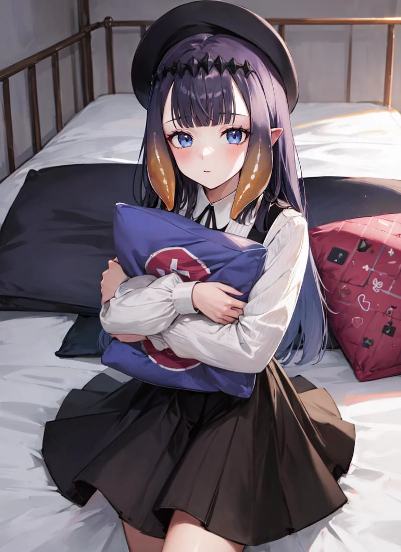 ((best quality)), ((highly detailed)), masterpiece, absurdres, (detailed eyes, deep eyes), (1girl), top view, looking at viewer, dynamic pose, cowboy shot, <lora:Ninomae_Ina'nis:1>, ninomae ina'nis, ina_beret, tentacle hair, pinafore dress, indoors, in a bedroom, sleepy, , stuffed toys, stuffed animals, <lora:pillow_v1:.7>, pillow hug, holding pillow, pillow hug, large pillow