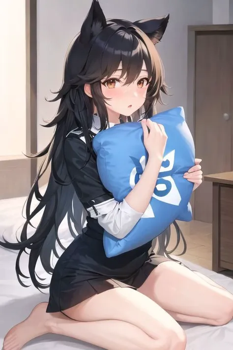 Atago, (Embarrassed), cat ears. black hair, beautiful and cute face, Brown eyes, masterpiece, best quality, absurdres, ultra-detailed, indoors, door, bedroom, on bed, 
BREAK, <lora:pillow_v2:1>, holding pillow, yes-pillow, pajamas, 1girl, solo, embarrassed, full-face blush, sitting, wariza,