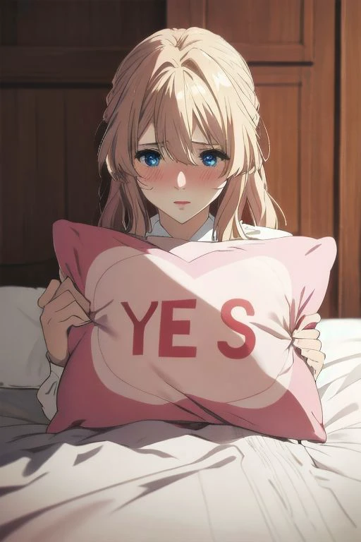 Violet Evergarden, beautiful face, white-coloured skin,blond hair, blue eyes,nude,I'm not dressed.,
masterpiece, best quality, absurdres, ultra-detailed, indoors, door, bedroom, on bed,
, holding pillow, yes-pillow, 1girl, solo, embarrassed, full-face blush, sitting,