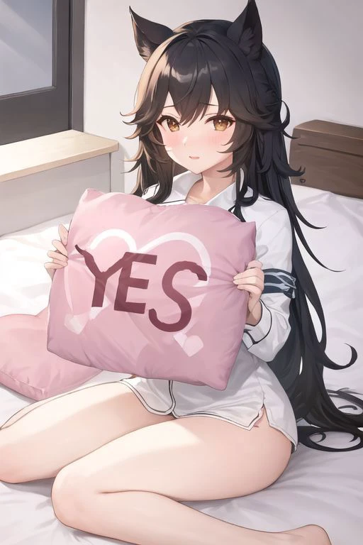 Atago, (Embarrassed), cat ears. black hair, beautiful and cute face, Brown eyes, masterpiece, best quality, absurdres, ultra-detailed, indoors, door, bedroom, on bed,
BREAK, <lora:pillow_v2:1>, holding pillow, yes-pillow, pajamas, 1girl, solo, embarrassed, full-face blush, sitting, wariza,