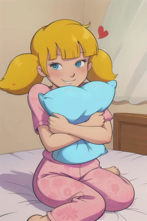 safe_pos, masterpiece, best quality, 1girl, penny, blonde hair, twintails, blunt bangs, flat chest, blue eyes, <lora:Penny:1>, (smile:0.6)),<lora:pillow_v3-000010:1>, pillow hug, sitting, indian style, 1girl, solo, (smile:0.8), (grin:0.8), pajamas, solid white pillow, looking at viewer, top-down bottom-up, lying, all fours, pillow hug, on bed, blush, smile, spoken heart, close-up,