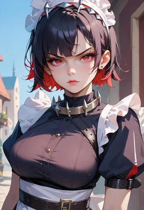 score_9,score_8_up,score_7_up,score_6_up <lora:ellen_joe_zzz_xl:0.7>ellen-joe-zzz, >:\(, 1girl, belt, black belt, black dress, black hair, breasts, colored inner hair, dress, large breasts, looking at viewer, maid, maid headdress, multicolored hair, red eyes, red hair, short hair, solo, upper body, v-shaped eyebrows