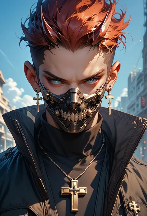 (score_9, score_8_up), score_7_up, looking at viewer, 1boy, jewelry, jacket, horns, official alternate costume, mask, android, cross necklace, cyborg, cyberpunk, inverted cross, mouth mask, 
<lora:masky-000009:0.9>