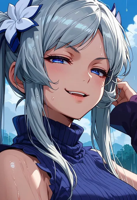 score_9,score_8_up,score_7_up, <lora:freya_danmachi_pdxl_goofy:1>freyadm, 1girl, evil smile, rain, smug, wet hair, portrait, looking at viewer, open mouth, hand in own hair, smirk, anime coloring, cloudy sky, cloud, half-closed eyes, parody, sleeveless, close-up, unusually open eyes, hair ornament, hand on own head, outdoors,black flower, sleeveless turtleneck, ribbed shirt,