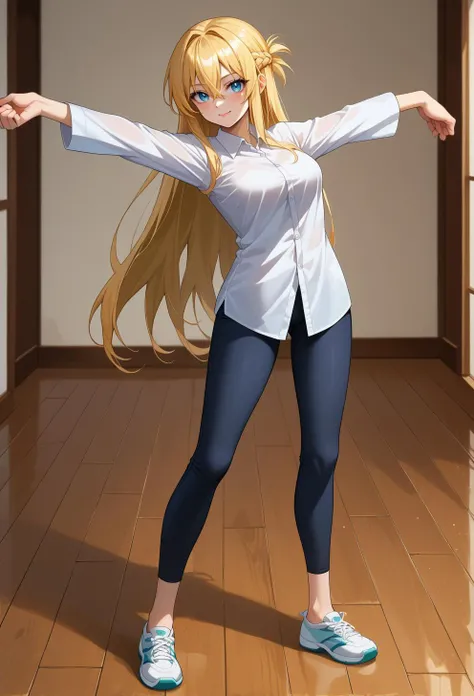 score_9, score_7_up, source_anime, BREAK <lora:hskc-untuckedshirt-pony-v0.5:1.3> untucked shirt, full body, black leggings,, light smile, 1girl, blue eyes, very long hair, blonde hair, french braid, bangs, hair between eyes, medium breasts, standing, stretching,