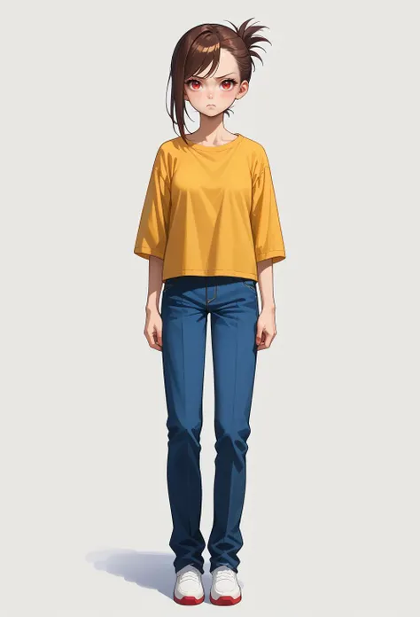 score_9, score_7_up, source_anime, BREAK <lora:hskc-untuckedshirt-pony-v0.5:1> untucked shirt, full body,, frown, 1girl, red eyes, tsurime, brown hair, medium hair, asymmetrical bangs, swept bangs, flipped hair, folded ponytail, small breasts,