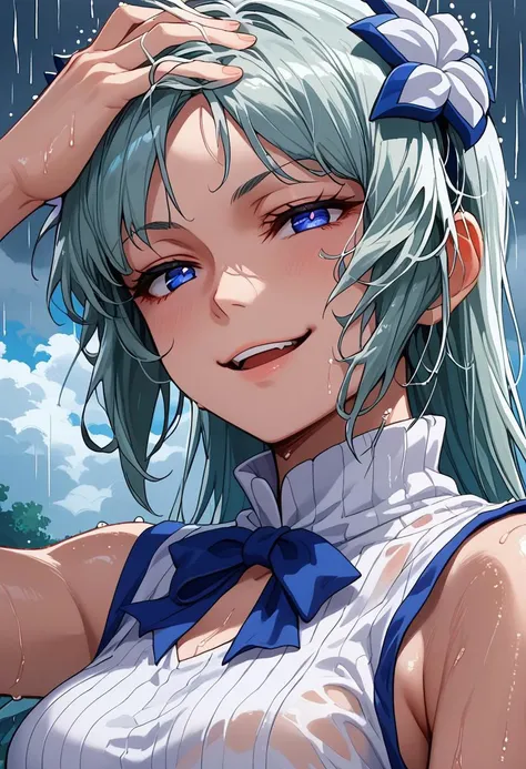 score_9,score_8_up,score_7_up, <lora:freya_danmachi_pdxl_goofy:1>freyadm, 1girl, evil smile, rain, smug, wet hair, portrait, looking at viewer, open mouth, hand in own hair, smirk, anime coloring, cloudy sky, cloud, half-closed eyes, parody, sleeveless, close-up, unusually open eyes, hair ornament, hand on own head, outdoors,black flower, sleeveless turtleneck, ribbed shirt,