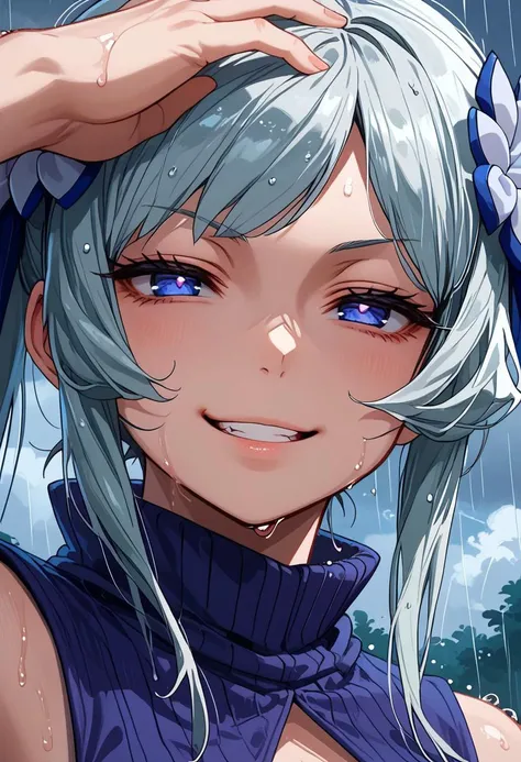 score_9,score_8_up,score_7_up, <lora:freya_danmachi_pdxl_goofy:1>freyadm, 1girl, evil smile, rain, smug, wet hair, portrait, looking at viewer, open mouth, hand in own hair, smirk, anime coloring, cloudy sky, cloud, half-closed eyes, parody, sleeveless, close-up, unusually open eyes, hair ornament, hand on own head, outdoors,black flower, sleeveless turtleneck, ribbed shirt,