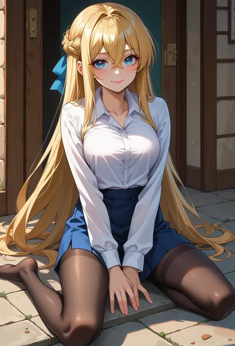 score_9, score_7_up, source_anime, BREAK <lora:hskc-untuckedshirt-pony-v0.5:1> untucked shirt, full body, black leggings,, light smile, 1girl, blue eyes, very long hair, blonde hair, french braid, bangs, hair between eyes, medium breasts,