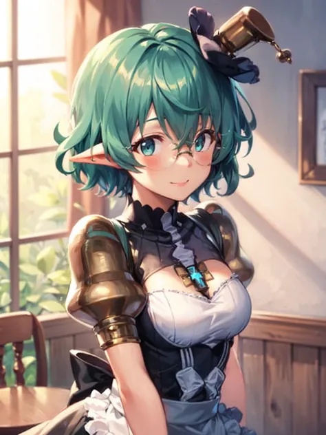 masterpiece, best quality, absurdres, 1girl, pandoria_xenoblade, glasses, maid, maid dress, gem, mini hat, light smile, blush, <lora:pandoria:0.7>