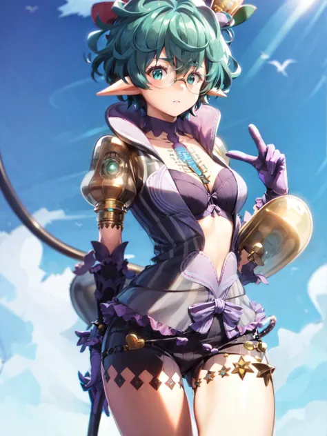 masterpiece, best quality, absurdres, 1girl, pandoria_xenoblade, hat, glasses, open jacket, bra, shorts, standing, sky, <lora:pandoria:1>