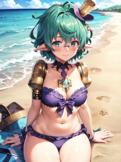 masterpiece, best quality, absurdres, 1girl, pandoria_xenoblade, glasses, swimsuit, gem, mini hat, light smile, blush, beach, <lora:pandoria:0.7>