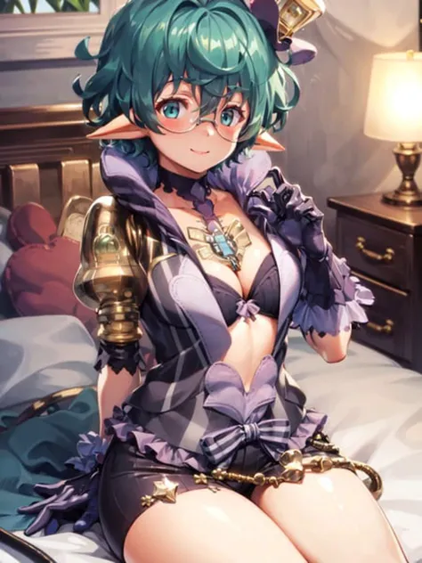 masterpiece, best quality, absurdres, 1girl, pandoria_xenoblade, hat, glasses, open jacket, bra, shorts, gem, sitting, light smile, blush, bedroom, <lora:pandoria:1>