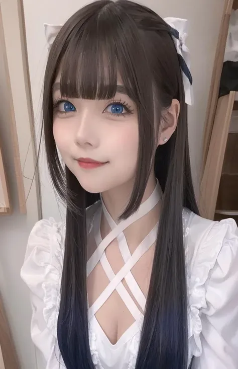 <lora:71TT0OP>, 1girl, solo, blue eyes, looking at viewer, realistic, portrait, long hair, criss-cross halter, white hair, bangs, smile