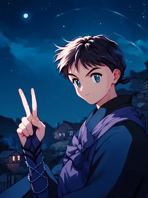 <lora:Miroku_XL_Pony:1> miroku, outdoors, hand up, night sky, night time, village background, (windtunnel:1.2), Peace Sign, Close Up, Small Hand, <lora:xl_more_art-full_v1:1>, <lora:add-detail-xl:1>, Insanely Detailed And Intricate, score_9, score_8_up, score_7_up, score_6_up, score_5_up