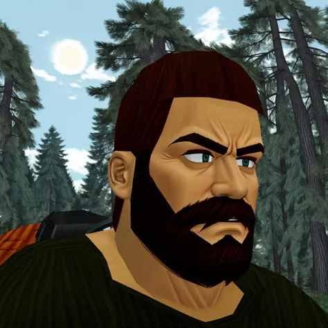 A lumberjack, in the woods, close-up, dreamcast style <lora:RetroJoyDreamcast:1>