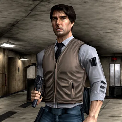 Tom Cruise, wearing a gray vest, holding a gun, train station, pixelated, ps1 style <lora:RetroJoyPS1:0.91>