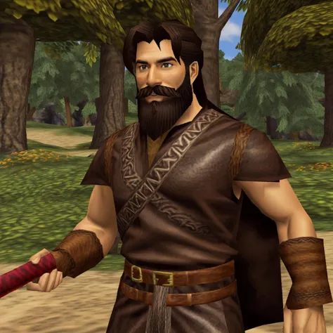 A male adventurer, brown beard, in the kingdom, holding a sword, n64 style <lora:RetroJoyN64:0.7>