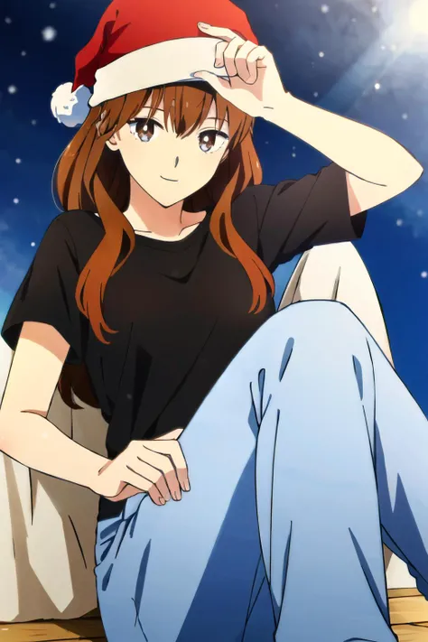 <lyco:Fuyutsuki-san_v10:0.85>, long hair, smile, brown hair, brown eyes,
closed mouth ,small breasts, black shirt, jeans, santa hat,
(high quality:1.2), 1girl , detailed background, upper body, knees up,<lyco:NoiseOffset_v2:1.0><lyco:NoiseOffset_v2:1.0><lyco:NoiseOffset_v2:1.0>