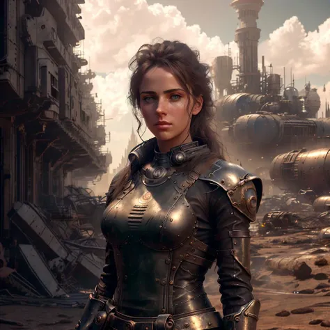 raw photo of European full-body young woman dressed light skirt, breast tightener, 23 years old, hyper detailed realistic face, realistic eyes, detailed skin pores, woman stands in the middle of the wasteland, close up, <lora:SteamPunkMachineryv2:0.8>, fantastic cinema shot, 8k hdr reflections, ruined city on background, looking directly at the camera, realistic shadows and reflections, high resolution beautiful face portrait