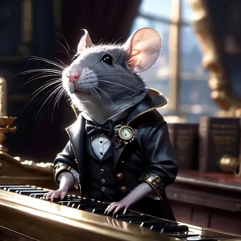 rat plays the piano in the background, dramatic light, gorgeous view, depth, high detail, digital art, painted by greg rutkowski and seb mckinnon, steampunk style, by tim burton, trending on artstation , 8 k <lora:add-detail-xl :1><lora:SteamPunkMachineryv2:1>
