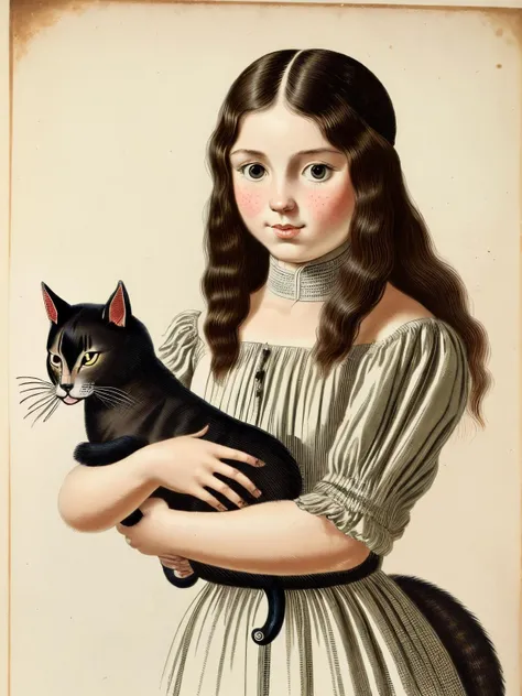 Norman Rockwell、female、child、cat、Strokes、Painting、whole body、1900s、advertisement、Hand-drawn、Old Style、Accurate hands、Sepia、blouse、one piece、Sepia