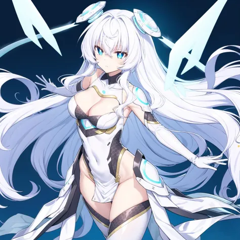 ((((masterpiece, Best Quality, Ultra-high resolution, Best illustrations)))), ((Portrait of a person standing against a white background)), (Very delicate and cute face, Sparkling Eyes), (((black sclera, small white iris))), A beautiful lady is standing diagonally to the left alone., white long straight hair, large breasts, Her eyes are small white iris and black sclera., She is naked., full body, evil smile, NSFW,