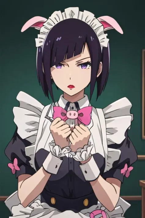 best quality, masterpiece, highres, solo, {maid:1.40}, {long maid dress:1.15}, {mannen_ranko_akibameidosensou:1.15}, short_hair, purple_eyes, black_hair, maid_headdress, bow, bangs, animal_ears, purple_hair, pink_bow, apron, lipstick, pig_ears, fake_animal_ears