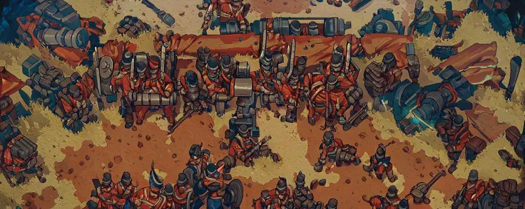 scenery, top down view, from above, (battle, epic, form_square, redcoats, bluecoats, cavarly, artillery, gunsmoke,)