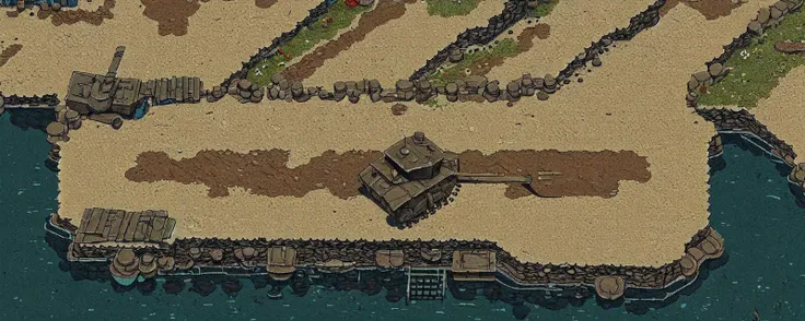 no humans, scenery, top down view, river, farmland, churchill tank,
