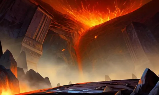 ((extreme detail)),(ultra-detailed),(painting), chiaroscuro, extremely detailed CG unity 8k wallpaper, building, cliff, embers, molten rock, no humans, scenery, volcano, wall of lava, stone, lava<lora:OdinSphereStylev1.1:0.7>odinspherestyle,