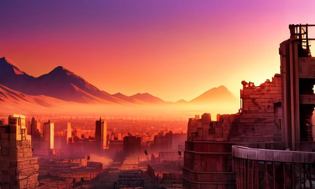 ((extreme detail)),(ultra-detailed),extremely detailed CG unity 8k wallpaper, best quality, masterpiece, modern, ruins, desert, industrial, gothic, pink sky, yellow sky, gradient sky,<lora:OdinSphereStylev2:0.7>odinspherestyle,