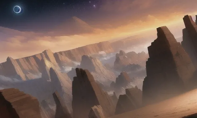 ((extreme detail)),(ultra-detailed),(painting), chiaroscuro, extremely detailed CG unity 8k wallpaper,((an extremely delicate and beautiful)),<lora:OdinSphereStylev1.1:0.7>daytime, cloudy_sky, crescent moon, desert, daylight, horizon, sand, no humans, outdoors, scenery, starry sky, rocks, mountains, broken buildings, multiple moons, OdinSphereStyle,