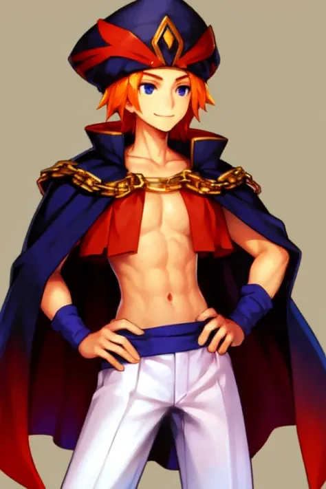 <lora:OdinSphereStylev1.1:0.7>1boy, blue eyes, cape, chain, cloak, hand on hip, hat, looking away, male focus, midriff, orange hair, pants, simple background, smile, solo, white background, OdinSphereStyle,