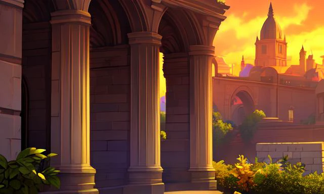 ((extreme detail)),(ultra-detailed),extremely detailed CG unity 8k wallpaper, best quality, masterpiece, arch, brick wall, bridge, building, dusk, gradient sky, pillar, scenery, no humans, stone wall, overgrown, foliage, orange sky, green sky, <lora:OdinSphereStylev2:0.7>odinspherestyle,