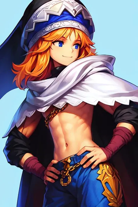 ((extreme detail)),(ultra-detailed),extremely detailed CG unity 8k wallpaper, best quality, masterpiece, <lora:OdinSphereStylev2:0.7>1boy, blue eyes, cape, chain, cloak, hand on hip, hat, looking away, male focus, midriff, orange hair, pants, simple background, smile, solo, white background, OdinSphereStyle,
