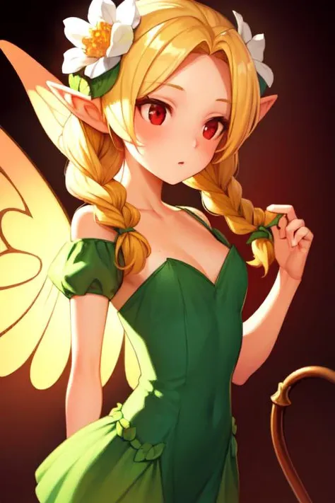 ((extreme detail)),(ultra-detailed),(painting), chiaroscuro, extremely detailed CG unity 8k wallpaper,((an extremely delicate and beautiful)),<lora:OdinSphereStylev1.1:0.7>1girl, blonde hair, twin braids,fairy, fairy wings, hair flower, pointy ears, red eyes, spotlight,OdinSphereStyle,
