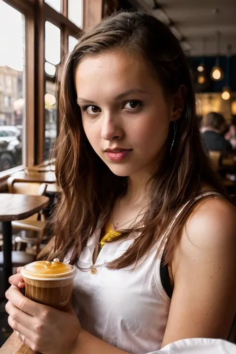 <lora:AndreaBetakova:0.80>,  full color portrait of a young woman, having coffee at a vintage cafe, natural light, RAW photo, subject, 8k uhd, dslr, soft lighting, high quality, film grain, Fujifilm XT3, Nikon D850