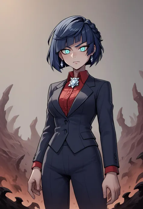 score_9, score_8_up, score_7_up, source_anime, 1girl, <lora:yelanxl:0.25>, yelanv11, short hair, bangs, blue hair, earrings, formal, business suit, <lora:xl_Helltaker style(pony):1>, Helltaker style, hell, helltaker,