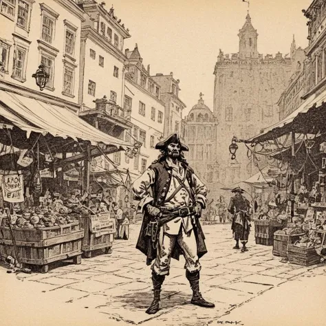 pirate captain standing in a market square, illustration by Roy Krenkel <lora:Style_of_Roy_G_Krenkel_RGK:1>