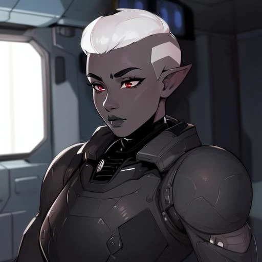 masterpiece, best quality, drow, 1girl, thick outlines, starship interior, science fiction, grey skin, black skin, white hair, Parrley_armor,  <lora:Parrley1:0.8>, power armor, undercut, red eyes, pointy ears