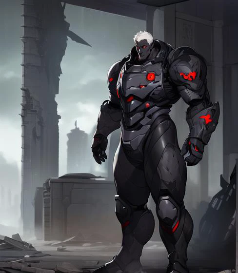 masterpiece, best quality, drow, 1boy, thick outlines, science fiction, grey skin, black skin, white hair, Parrley_armor,  <lora:Parrley1:0.8>, power armor, short hair, red eyes, full body, big bulky futuristic armor, pointy ears, assault rifle, holding weapon, aiming, ruins, rubble, raining