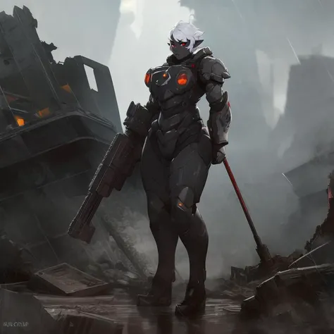 masterpiece, best quality, drow, 1girl, thick outlines, science fiction, grey skin, black skin, white hair, Parrley_armor,  <lora:Parrley1:0.8>, power armor, short hair, red eyes, full body, big bulky futuristic armor, pointy ears, assault rifle, holding weapon, aiming, ruins, rubble, raining, rain