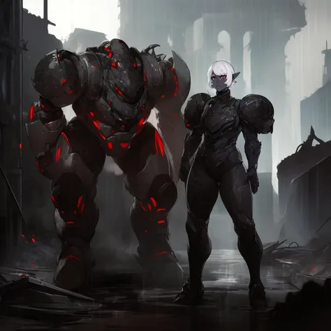 masterpiece, best quality, drow, 1girl, thick outlines, science fiction, grey skin, black skin, white hair, Parrley_armor,  <lora:Parrley1:0.8>, power armor, short hair, red eyes, full body, big bulky futuristic armor, pointy ears, assault rifle, holding weapon, aiming, ruins, rubble, raining, rain