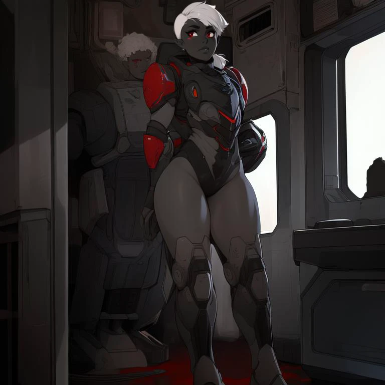 masterpiece, best quality, drow, 1girl, thick outlines, starship interior, science fiction, grey skin, black skin, white hair, Parrley_armor, <lora:Parrley1:0.8>, power armor, undercut, red eyes, full body, pointy ears