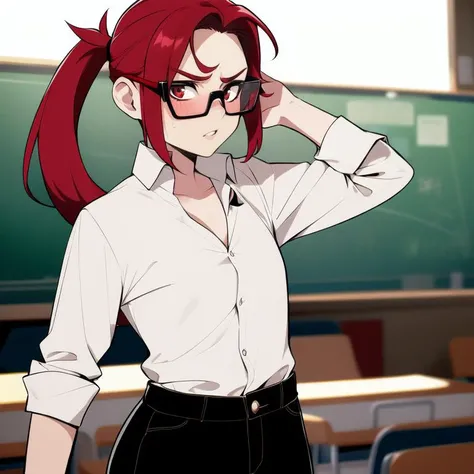 masterpiece, best quality, 1girl, red hair, ponytail, angry, tomboy, button up shirt, white shirt, long sleeves, yelling