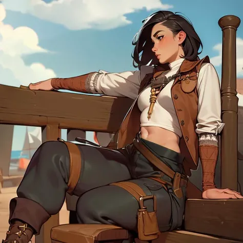 (best quality, masterpiece:1.3), thick outlines, face highlight, detailed face, detailed skin, 1girl, tomboy, pirate,  vest, (baggy pants:1.6), (sky:1.9)