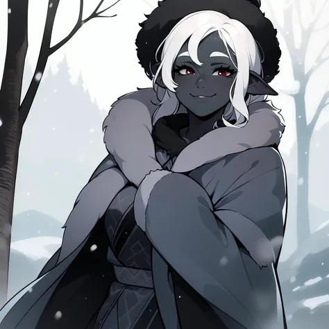 (best quality, masterpiece:1.3), thick outlines, face highlight, detailed face, detailed skin, 1girl, blue tunic, snow, winter, drow, (grey skin, black skin:1.4), pointy ears, happy, smile, fur trim, winter clothing, (white hair:1.5), white fur hat, winter, landscape, forest, snowing, red eyes, cowboy shot, ushanka, intricate clothing, tomboy,